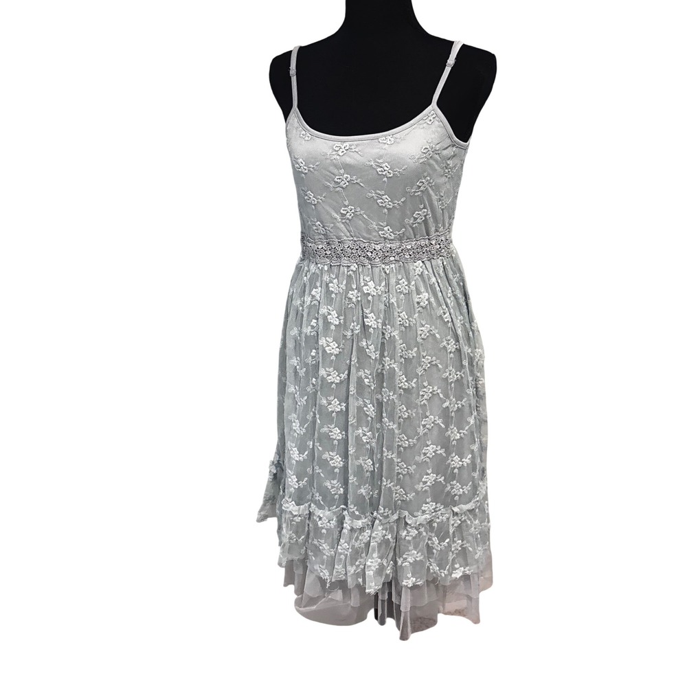 A'Reve Light Bluegreen Floral sz M Lace Tulle Ruffle Midi Dress fairy cottage